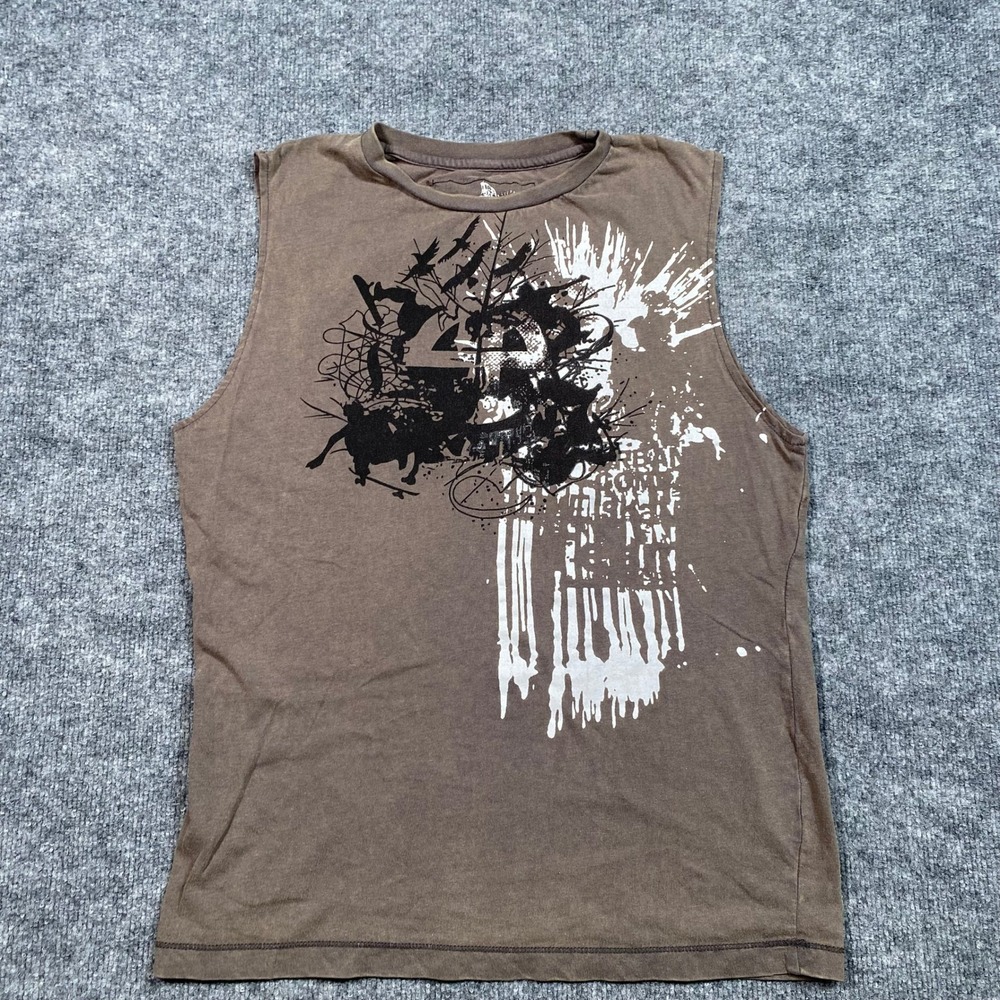 Franky Max Mens Brown Graphic Muscle Tee Sleeveless Y2K Grunge Shirt Small